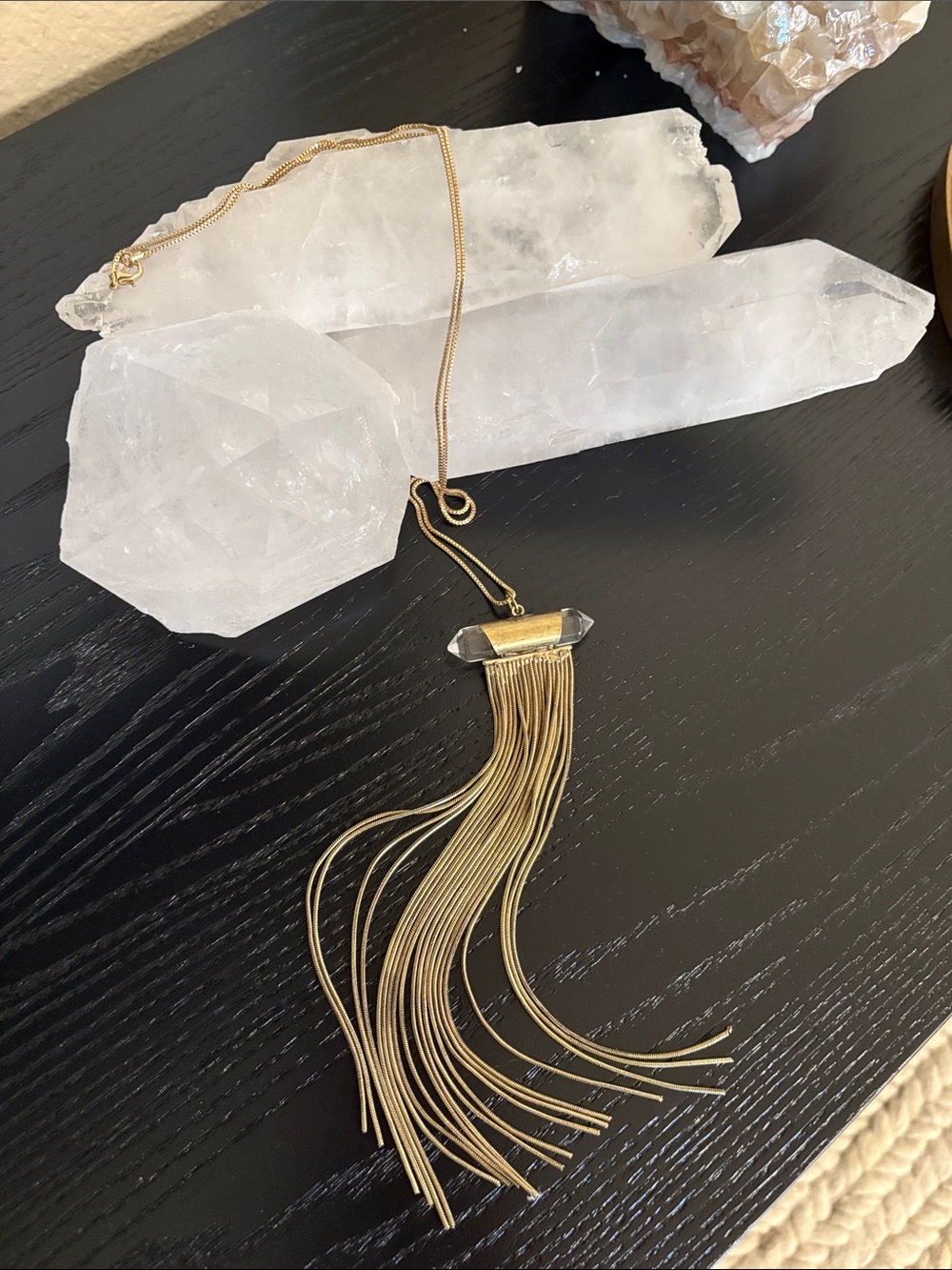 Crystal and Gold Metal Fringe Chain Tassel Long Necklace